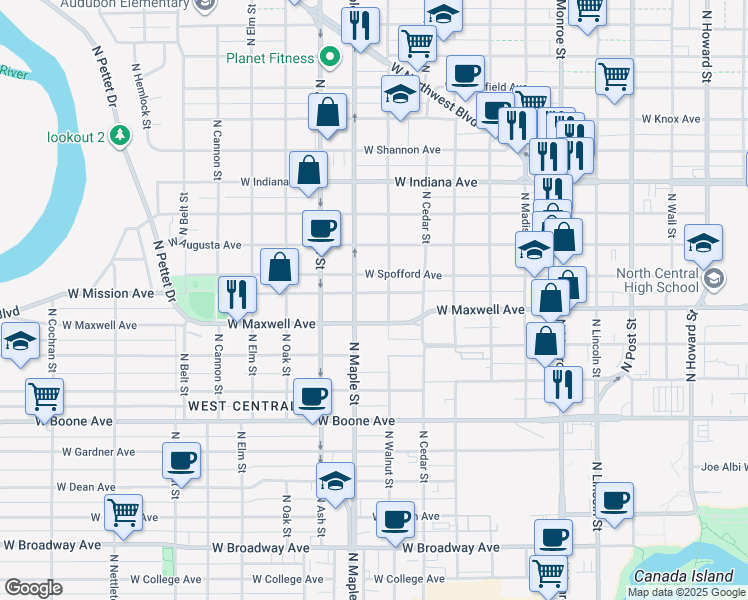 map of restaurants, bars, coffee shops, grocery stores, and more near 1517 West Mission Avenue in Spokane