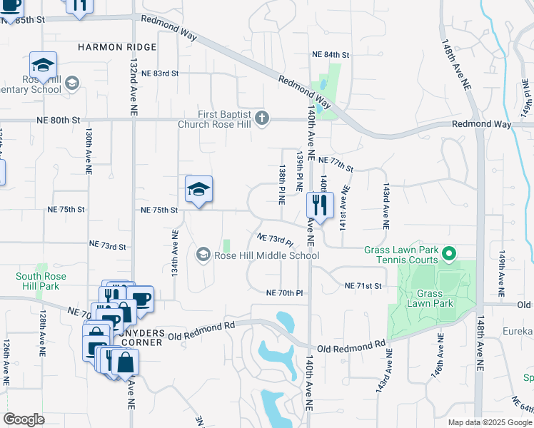 map of restaurants, bars, coffee shops, grocery stores, and more near 13788 Northeast 74th Street in Redmond