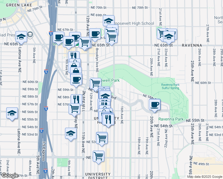 map of restaurants, bars, coffee shops, grocery stores, and more near 5799-5899 15th Avenue Northeast in Seattle
