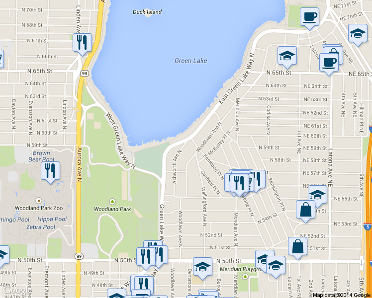 map of restaurants, bars, coffee shops, grocery stores, and more near 5754 Ashworth Avenue North in Seattle