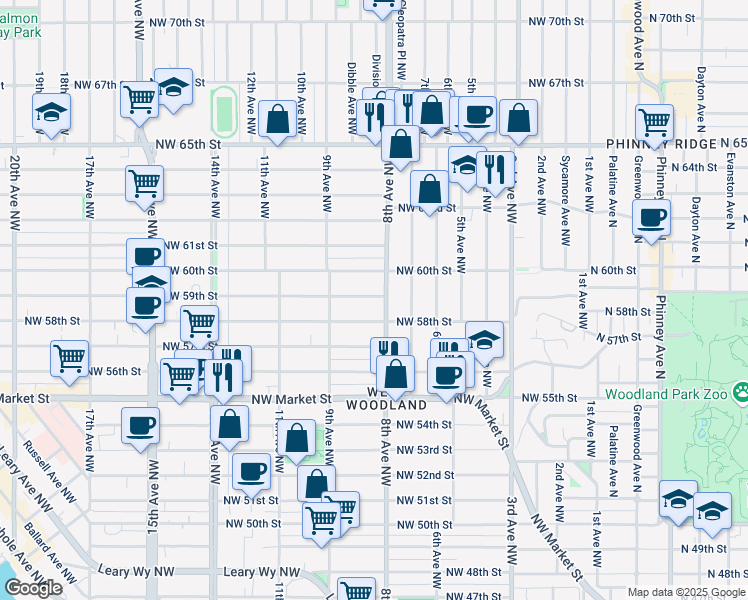 map of restaurants, bars, coffee shops, grocery stores, and more near 815 Northwest 59th Street in Seattle