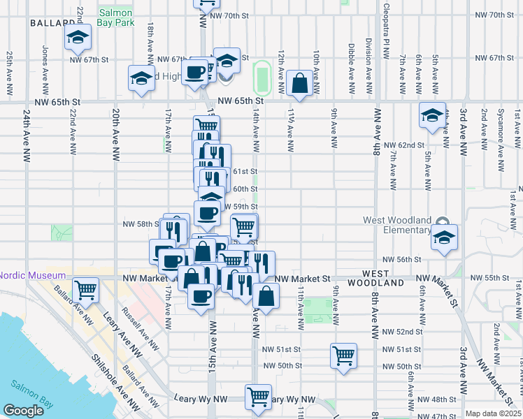 map of restaurants, bars, coffee shops, grocery stores, and more near 5816 14th Avenue Northwest in Seattle