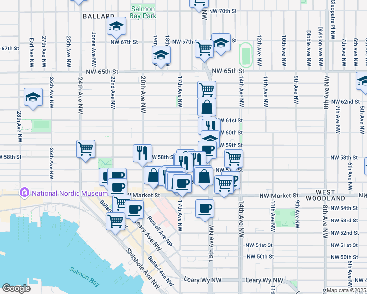 map of restaurants, bars, coffee shops, grocery stores, and more near 1705 Northwest 59th Street in Seattle