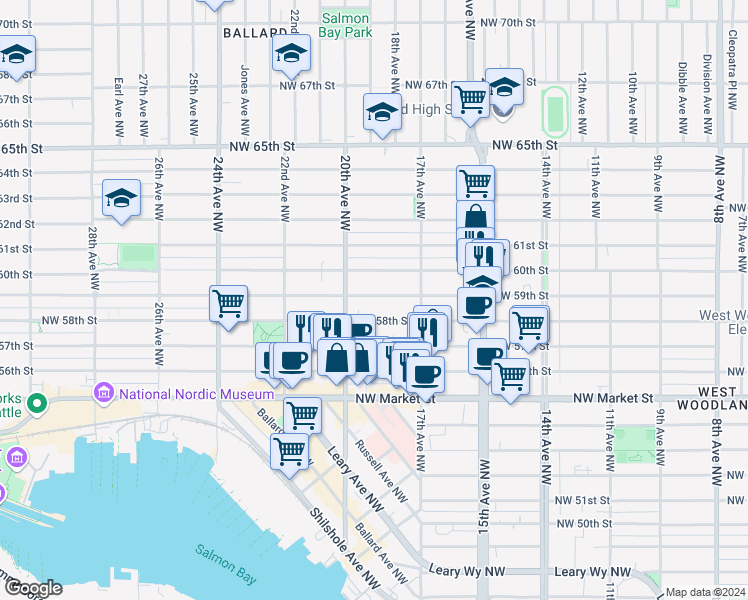 map of restaurants, bars, coffee shops, grocery stores, and more near 1737 Northwest 59th Street in Seattle