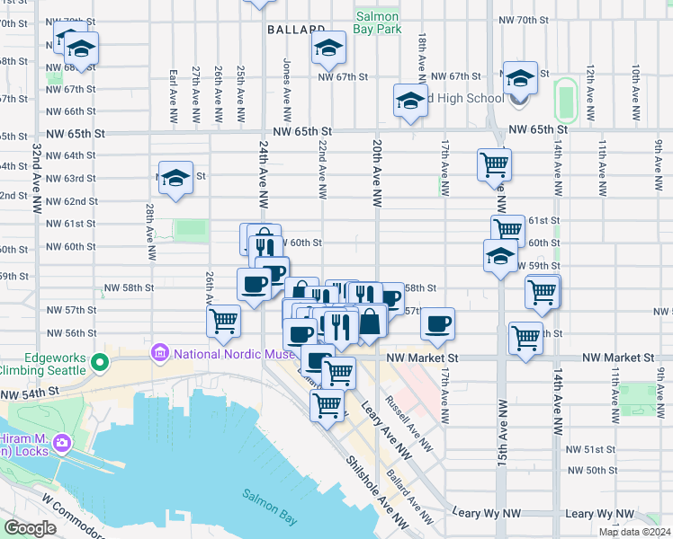 map of restaurants, bars, coffee shops, grocery stores, and more near 2031 Northwest 59th Street in Seattle