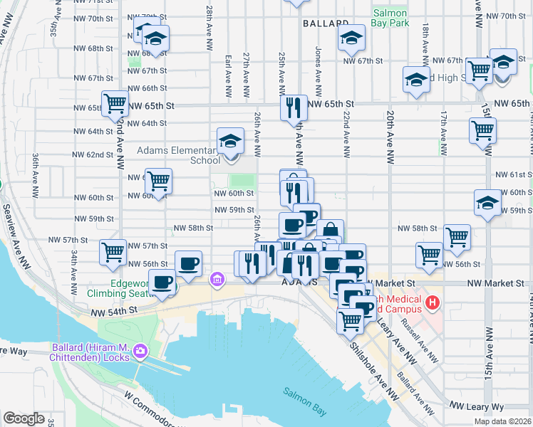 map of restaurants, bars, coffee shops, grocery stores, and more near 2443 Northwest 59th Street in Seattle