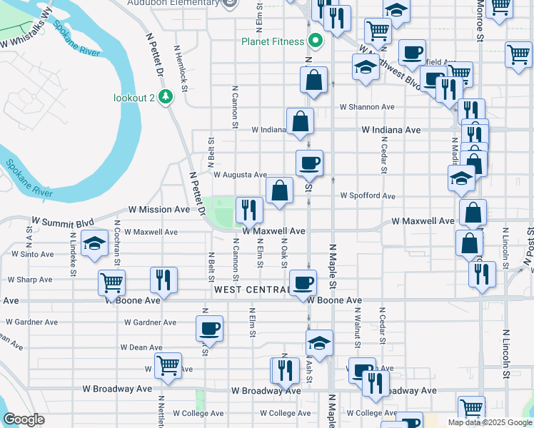 map of restaurants, bars, coffee shops, grocery stores, and more near 1823 West Mission Avenue in Spokane