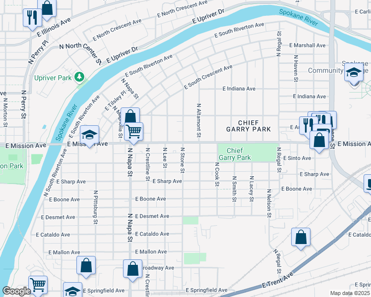map of restaurants, bars, coffee shops, grocery stores, and more near 2302 East Mission Avenue in Spokane