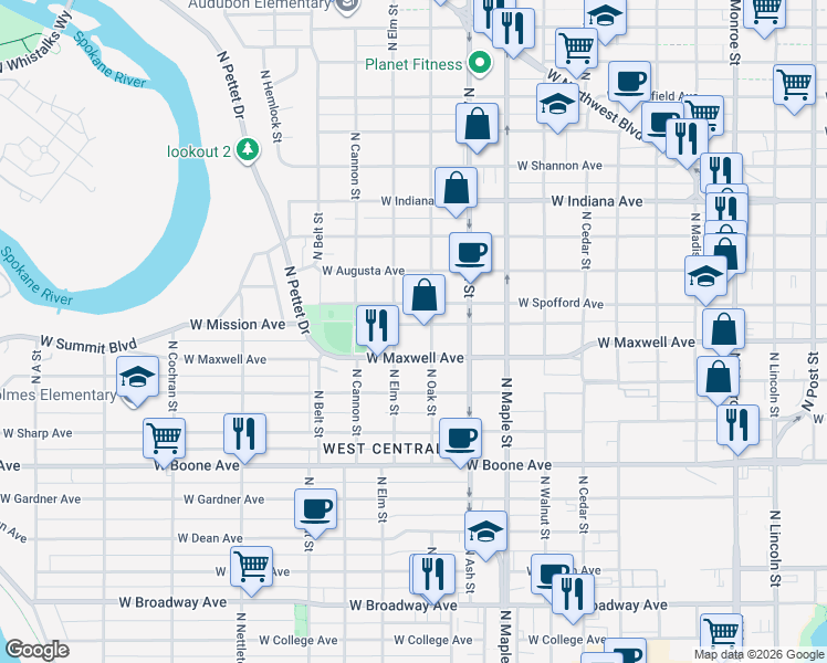 map of restaurants, bars, coffee shops, grocery stores, and more near 1823 West Mission Avenue in Spokane