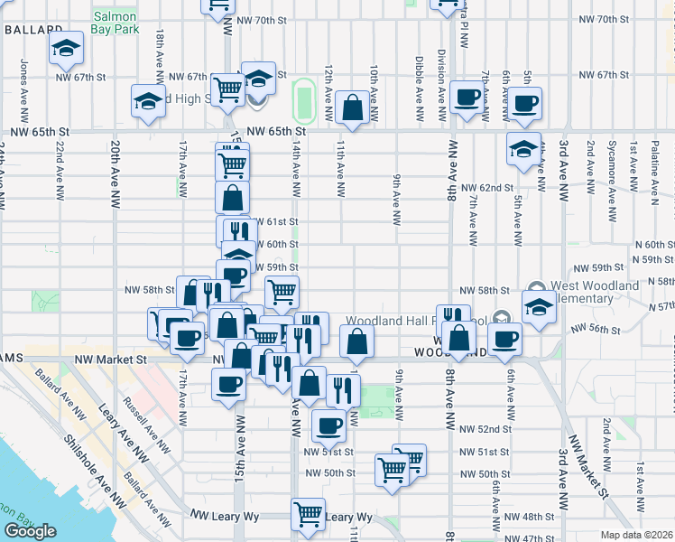 map of restaurants, bars, coffee shops, grocery stores, and more near 1119A Northwest 59th Street in Seattle