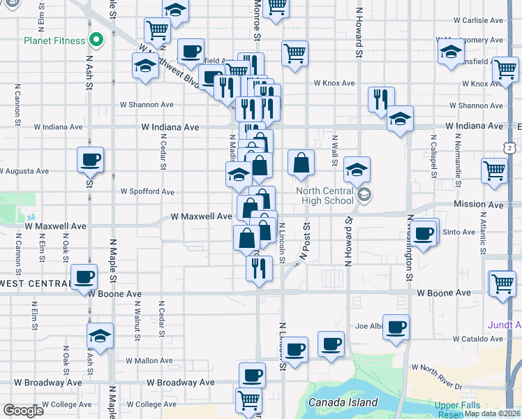 map of restaurants, bars, coffee shops, grocery stores, and more near 920 West Maxwell Avenue in Spokane