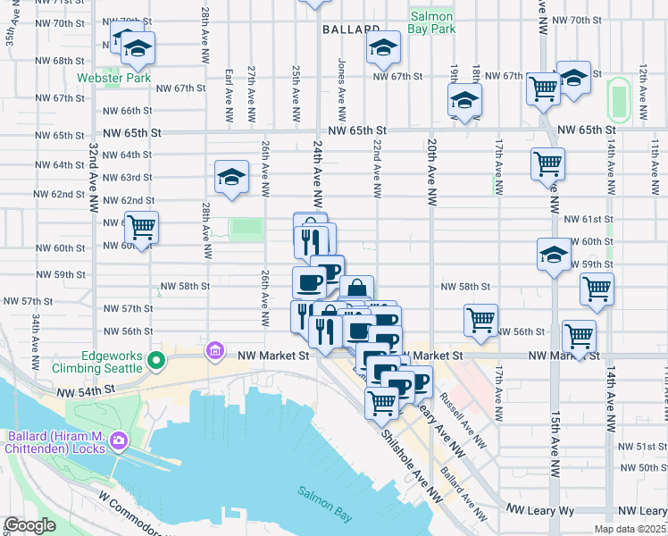 map of restaurants, bars, coffee shops, grocery stores, and more near 2237 Northwest 59th Street in Seattle