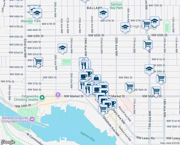 map of restaurants, bars, coffee shops, grocery stores, and more near 2251 Northwest 59th Street in Seattle