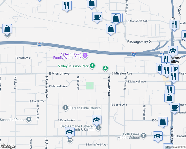 map of restaurants, bars, coffee shops, grocery stores, and more near 11123 East Mission Avenue in Spokane Valley