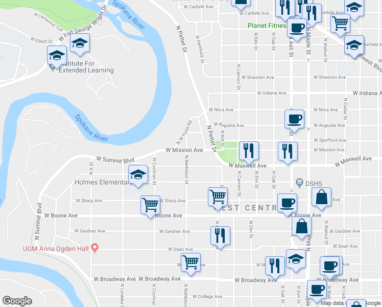 map of restaurants, bars, coffee shops, grocery stores, and more near 2225 West Mission Avenue in Spokane