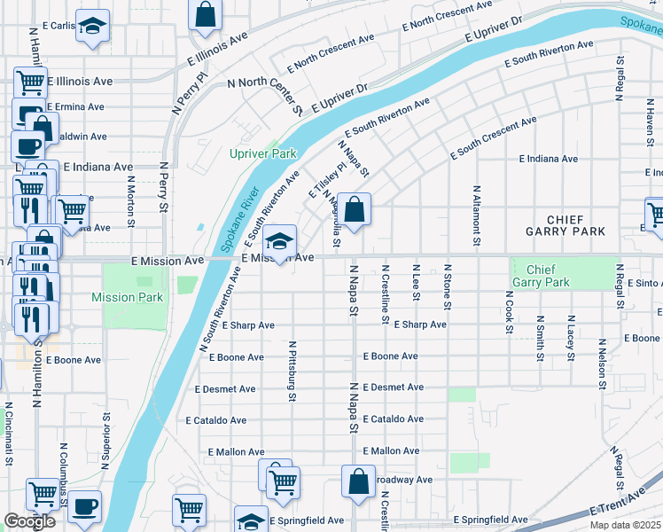map of restaurants, bars, coffee shops, grocery stores, and more near 1902 East Mission Avenue in Spokane