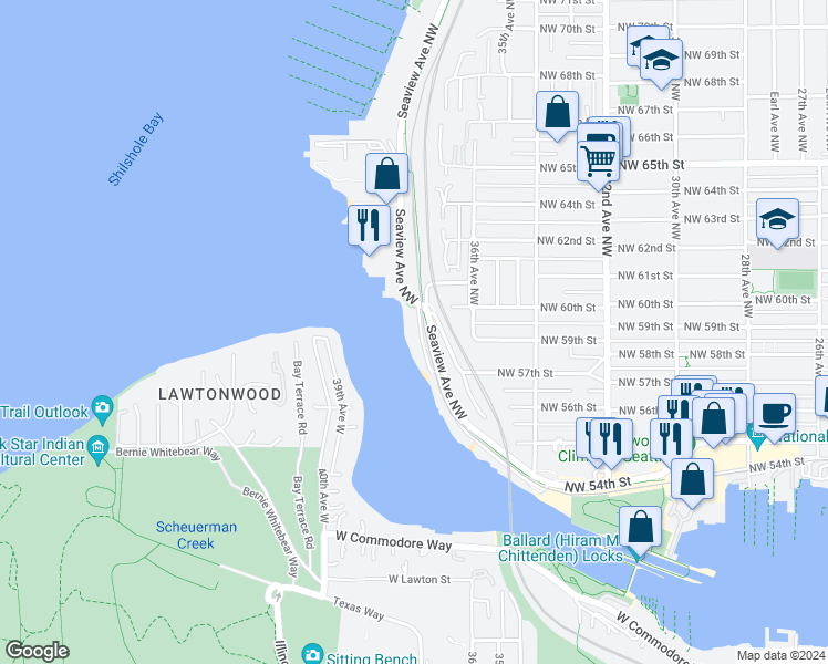 map of restaurants, bars, coffee shops, grocery stores, and more near 5905 Seaview Avenue Northwest in Seattle