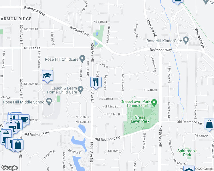 map of restaurants, bars, coffee shops, grocery stores, and more near 7430 141st Avenue Northeast in Redmond