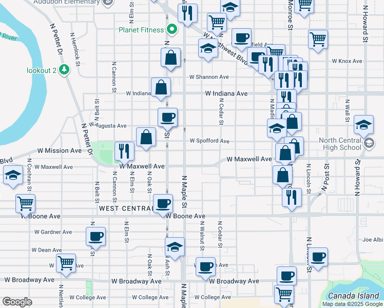 map of restaurants, bars, coffee shops, grocery stores, and more near 1517 West Mission Avenue in Spokane