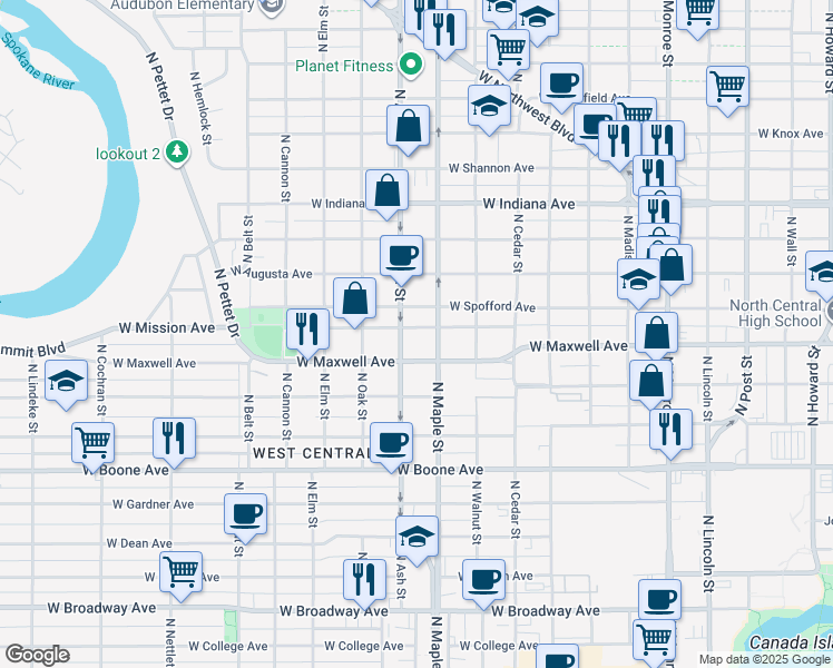 map of restaurants, bars, coffee shops, grocery stores, and more near 1619 West Mission Avenue in Spokane