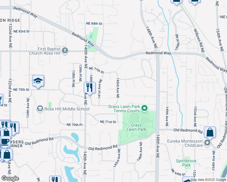 map of restaurants, bars, coffee shops, grocery stores, and more near 14219 Northeast 75th Street in Redmond