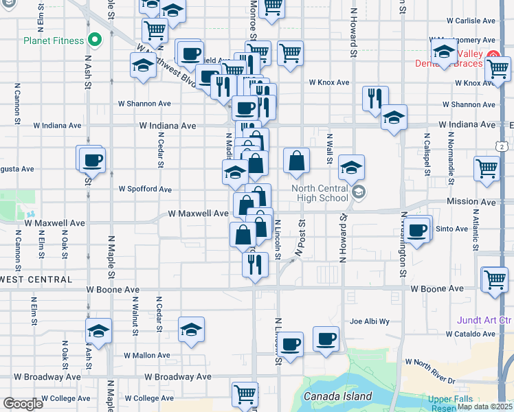 map of restaurants, bars, coffee shops, grocery stores, and more near 920 West Maxwell Avenue in Spokane