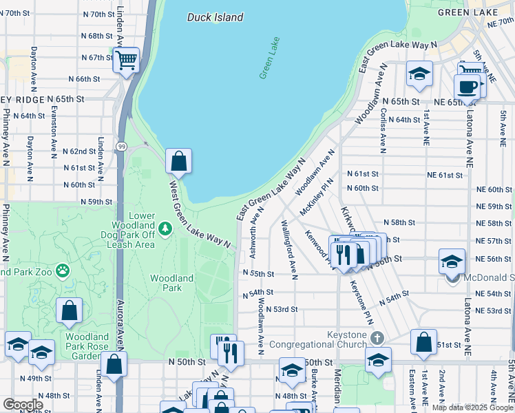 map of restaurants, bars, coffee shops, grocery stores, and more near 5754 Ashworth Avenue North in Seattle