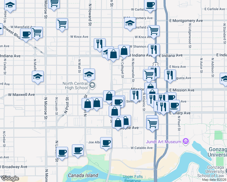 map of restaurants, bars, coffee shops, grocery stores, and more near 77 West Maxwell Avenue in Spokane