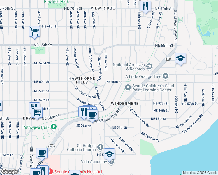 map of restaurants, bars, coffee shops, grocery stores, and more near 4962 Purdue Avenue Northeast in Seattle