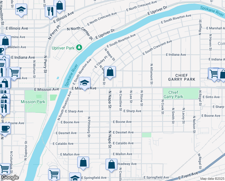map of restaurants, bars, coffee shops, grocery stores, and more near 2002 East Mission Avenue in Spokane