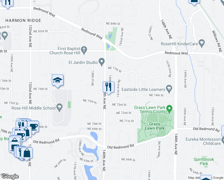 map of restaurants, bars, coffee shops, grocery stores, and more near 7432 140th Place Northeast in Redmond