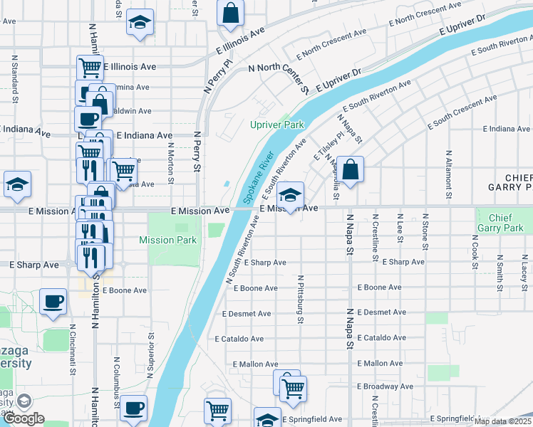 map of restaurants, bars, coffee shops, grocery stores, and more near 11 East Mission Avenue in Spokane
