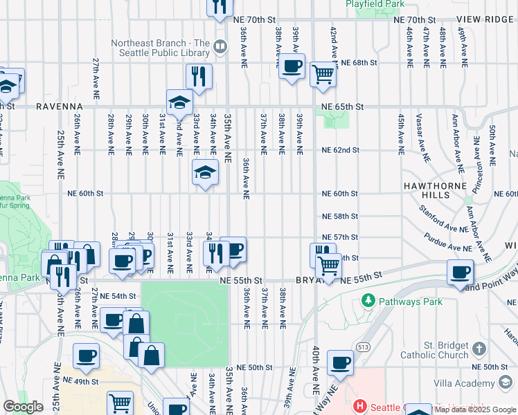 map of restaurants, bars, coffee shops, grocery stores, and more near 5740 36th Avenue Northeast in Seattle