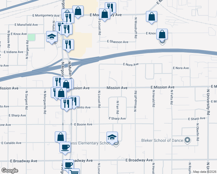 map of restaurants, bars, coffee shops, grocery stores, and more near 9529 East Mission Avenue in Spokane Valley