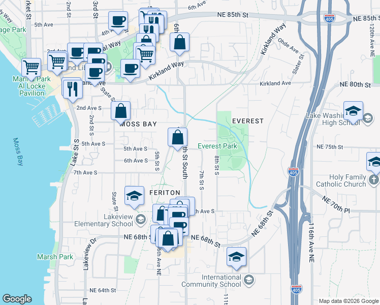 map of restaurants, bars, coffee shops, grocery stores, and more near 512 6th St S in Kirkland