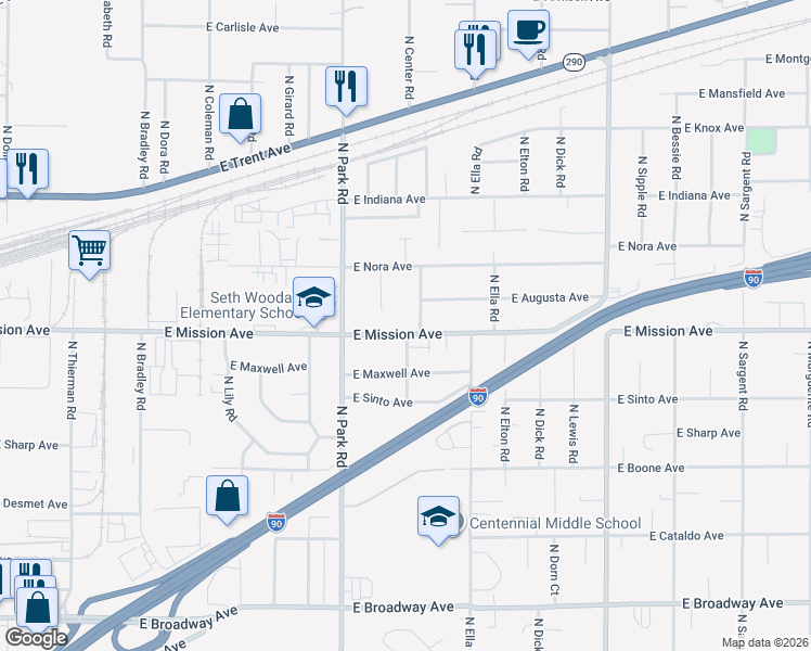 map of restaurants, bars, coffee shops, grocery stores, and more near 7623 East Mission Avenue in Spokane Valley
