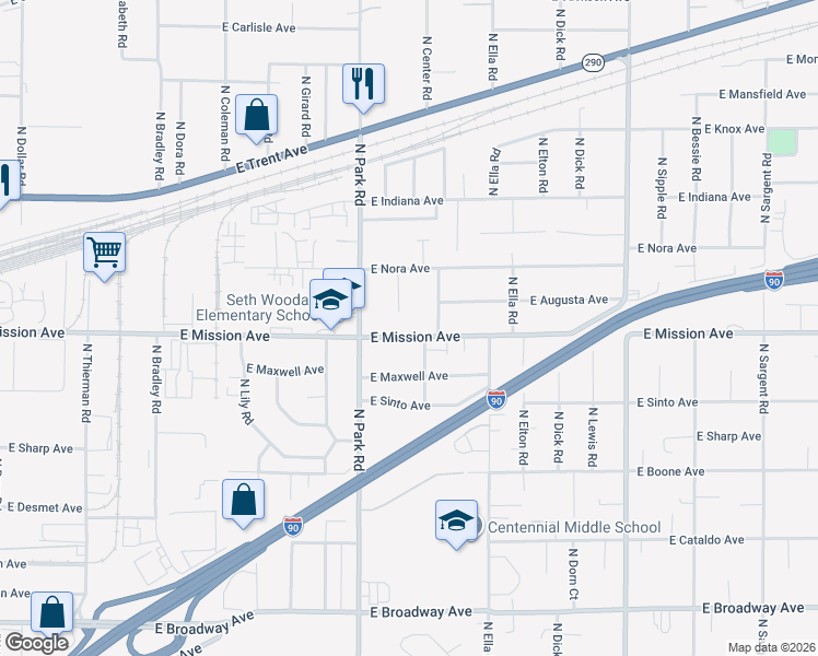 map of restaurants, bars, coffee shops, grocery stores, and more near 7623 East Mission Avenue in Spokane Valley