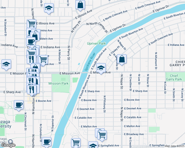 map of restaurants, bars, coffee shops, grocery stores, and more near 11 East Mission Avenue in Spokane