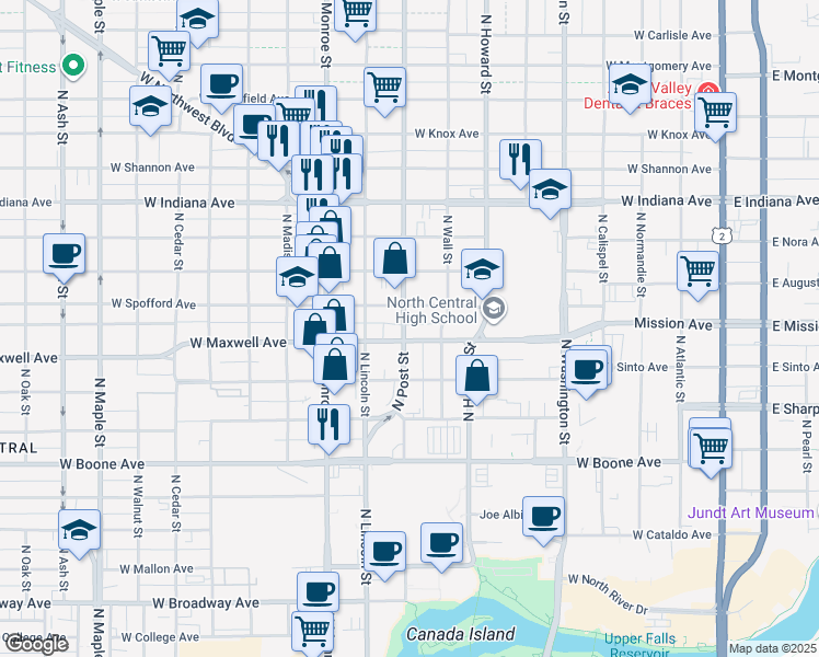 map of restaurants, bars, coffee shops, grocery stores, and more near 718 West Maxwell Avenue in Spokane