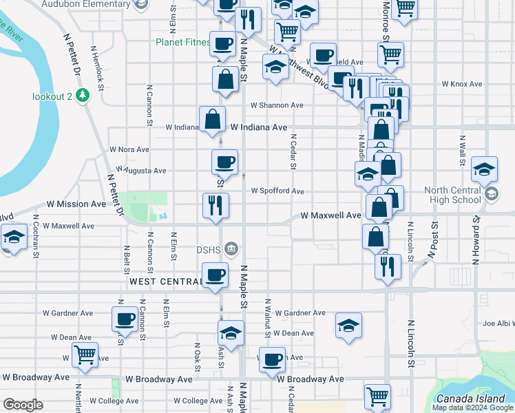map of restaurants, bars, coffee shops, grocery stores, and more near 1517 West Mission Avenue in Spokane