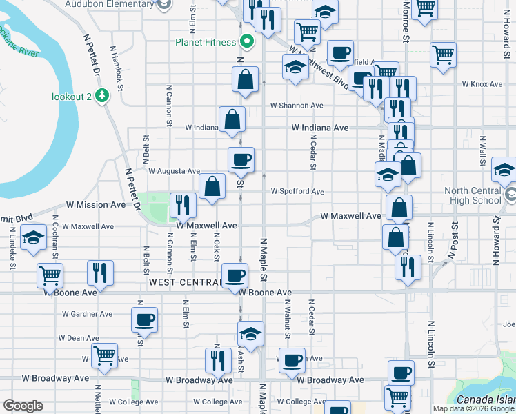map of restaurants, bars, coffee shops, grocery stores, and more near 1619 West Mission Avenue in Spokane