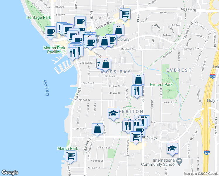 map of restaurants, bars, coffee shops, grocery stores, and more near 509 4th Street South in Kirkland