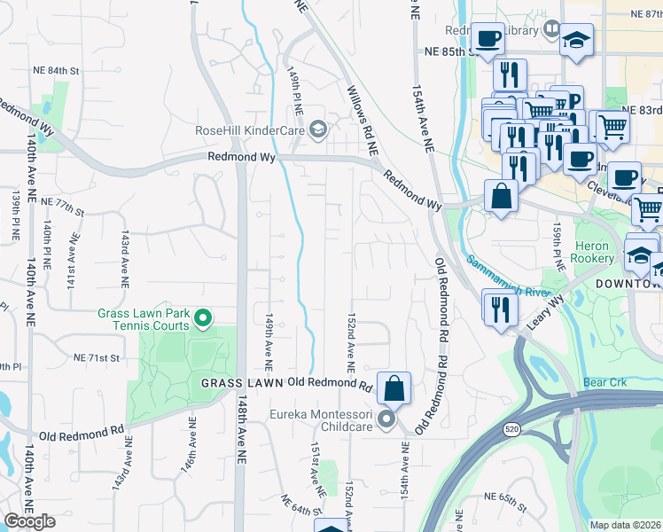 map of restaurants, bars, coffee shops, grocery stores, and more near 7508 151st Avenue Northeast in Redmond