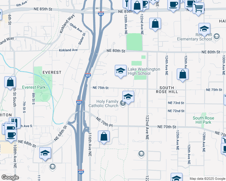 map of restaurants, bars, coffee shops, grocery stores, and more near 11829 Northeast 75th Street in Kirkland