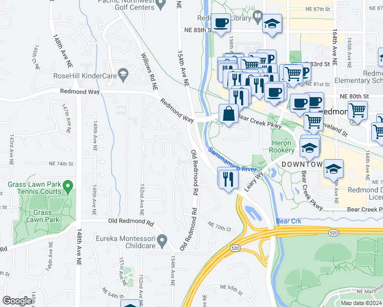 map of restaurants, bars, coffee shops, grocery stores, and more near 7435 Old Redmond Road in Redmond