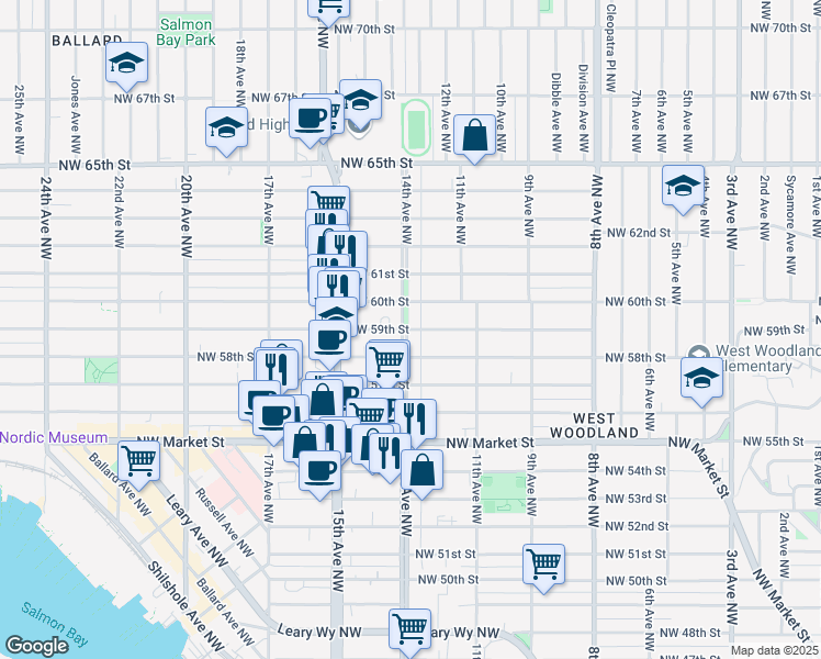 map of restaurants, bars, coffee shops, grocery stores, and more near 1351 NW 59th St in Seattle