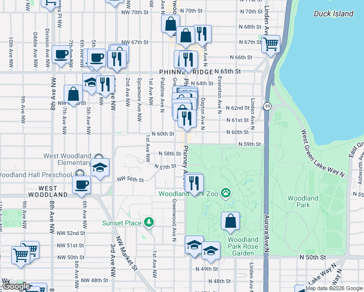 map of restaurants, bars, coffee shops, grocery stores, and more near 5808 Greenwood Avenue North in Seattle