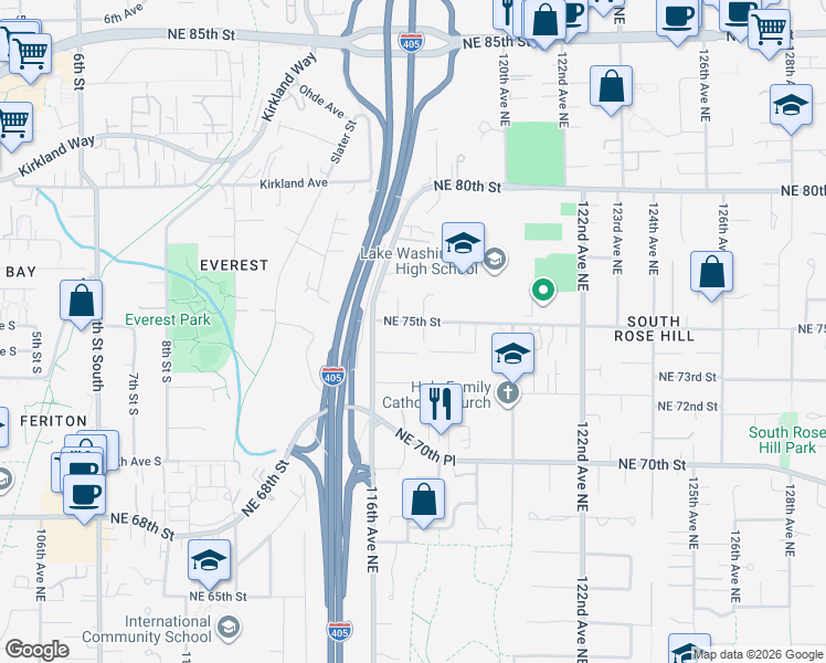 map of restaurants, bars, coffee shops, grocery stores, and more near 11637 Northeast 75th Street in Kirkland