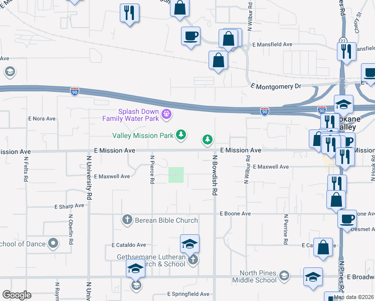 map of restaurants, bars, coffee shops, grocery stores, and more near 11123 East Mission Avenue in Spokane Valley