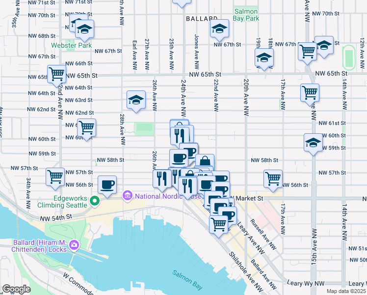 map of restaurants, bars, coffee shops, grocery stores, and more near 24th Ave NW & NW 59th St in Seattle
